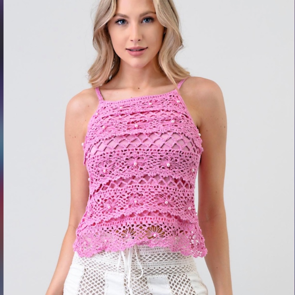 Pink and Pearl Crochet Tank Top